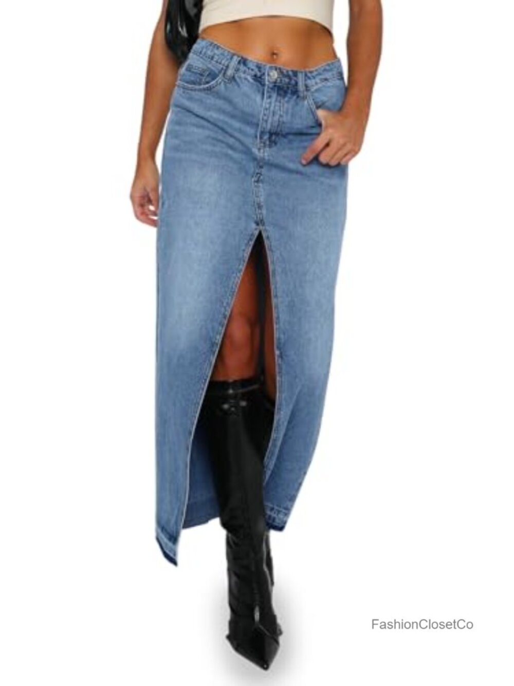 Women's High Waisted Long Denim Maxi Skirt with Split Asymmetrical Frayed Hem